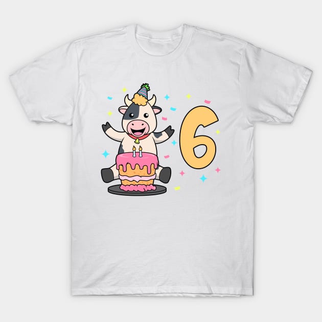 I am 6 with cow - kids birthday 6 years old T-Shirt by Modern Medieval Design